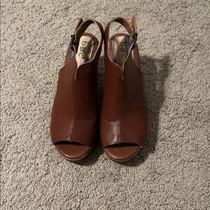 b.o.c. Brown Leather Peep-Toe Mules